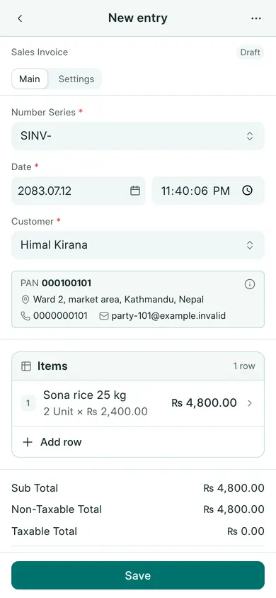 BookPana invoice before saving showing fictional demo records, phone layout