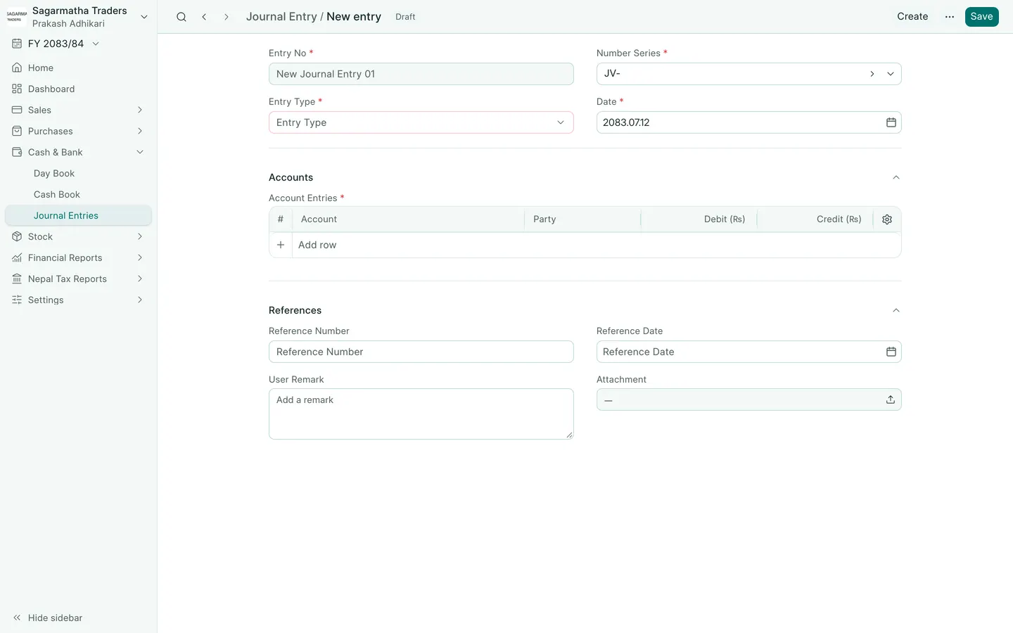 BookPana journal entry form showing fictional demo records, desktop layout