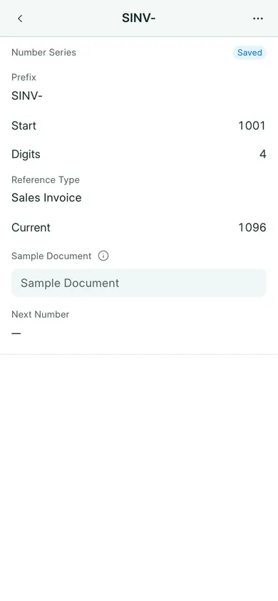 BookPana sales invoice number series showing fictional demo records, phone layout