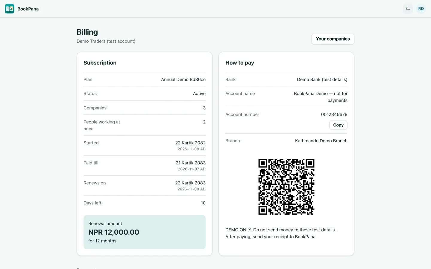 BookPana owner billing details showing fictional demo records, desktop layout