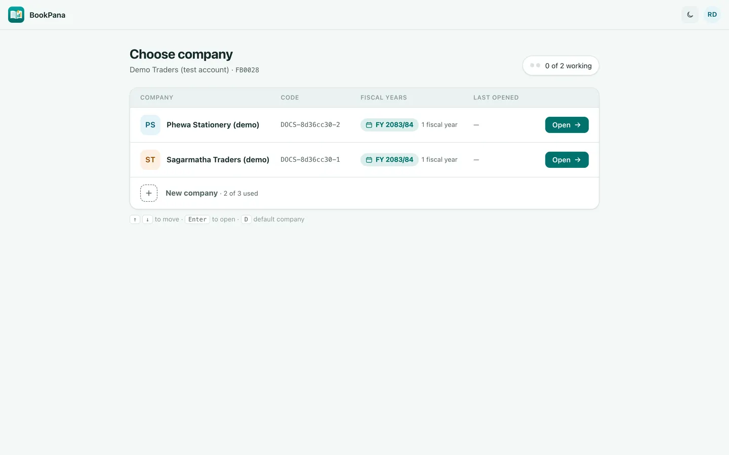 BookPana choose company showing fictional demo records, desktop layout