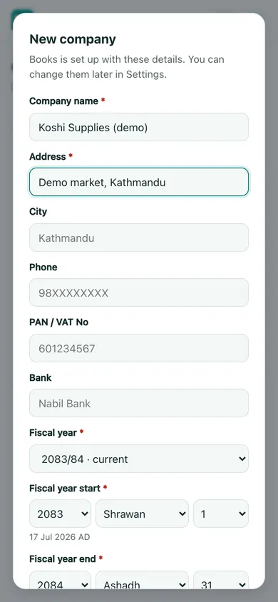 BookPana new company dialog showing fictional demo records, phone layout