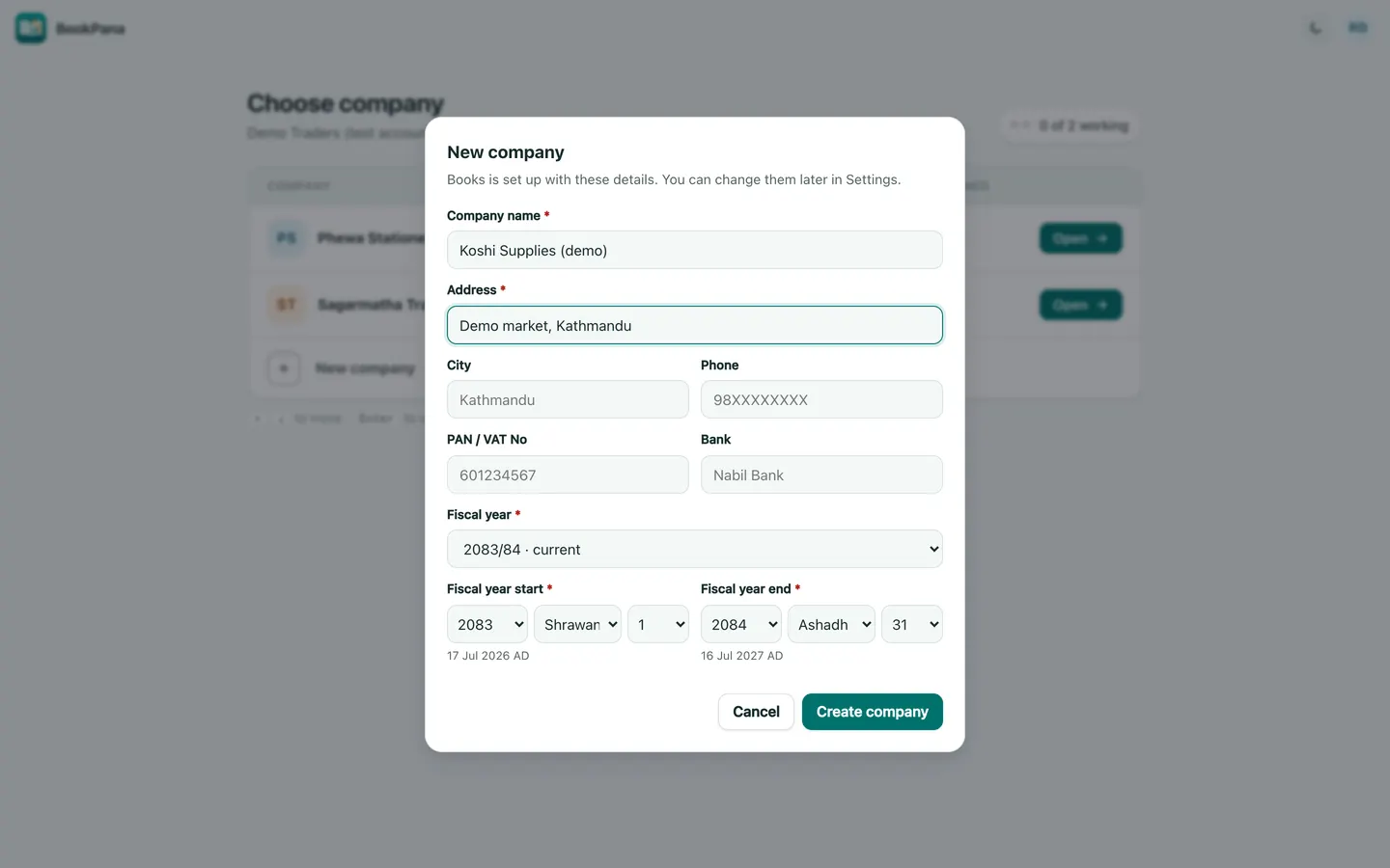 BookPana new company dialog showing fictional demo records, desktop layout