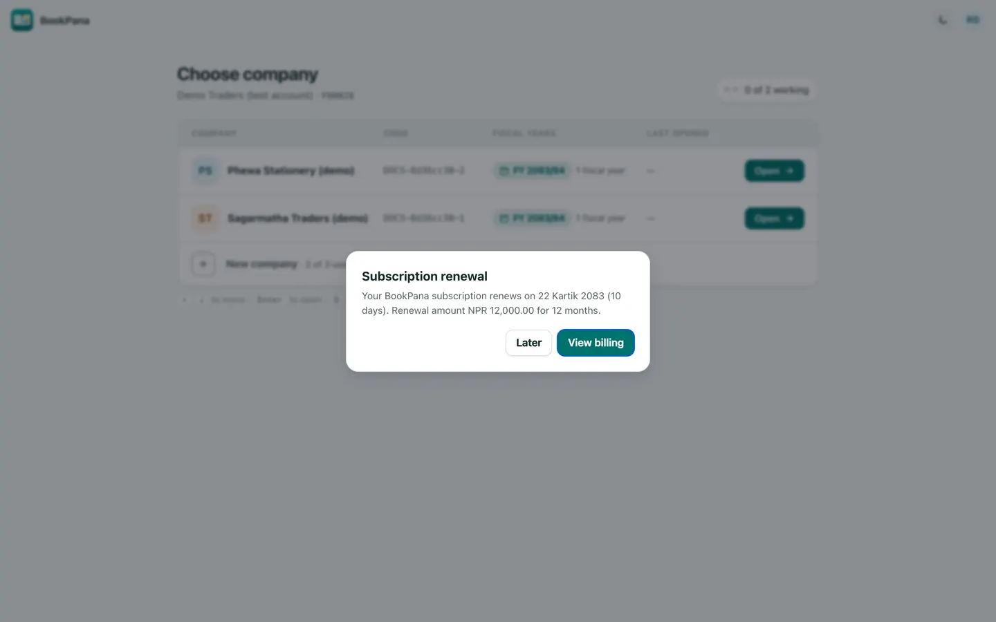 BookPana owner renewal reminder showing fictional demo records, desktop layout