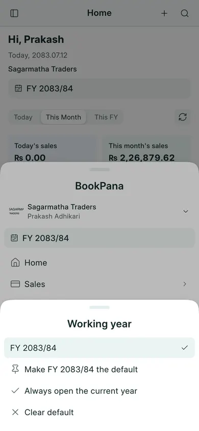 BookPana working year selector showing fictional demo records, phone layout