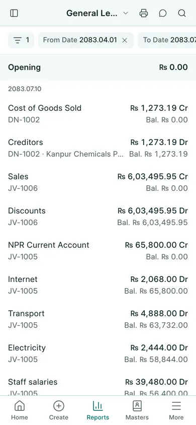 BookPana: dated account entries with voucher references, phone layout