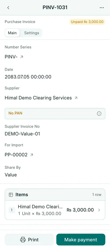 BookPana Clearing agent bill with fictional import records for Sagarmatha Traders, phone layout