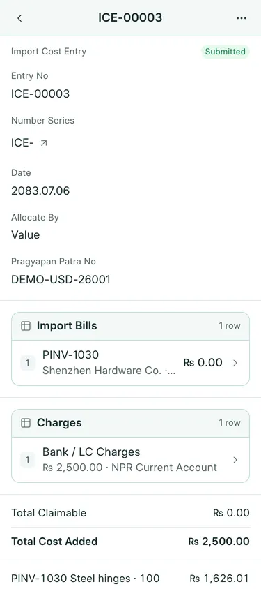 BookPana Import Cost Entry with fictional import records for Sagarmatha Traders, phone layout