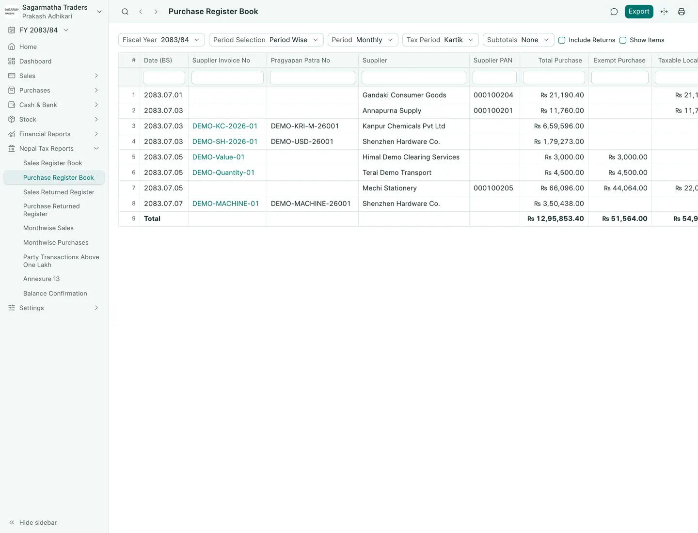 BookPana Imports in Purchase Register with fictional records for Sagarmatha Traders, desktop layout