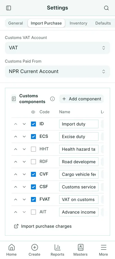 BookPana Import Purchase settings with fictional import records for Sagarmatha Traders, phone layout
