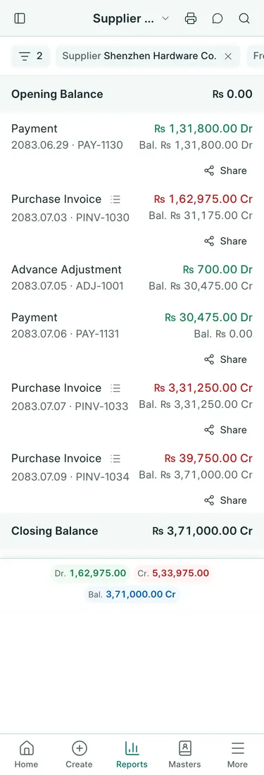 BookPana Supplier Ledger in USD and NPR with fictional records for Sagarmatha Traders, phone layout