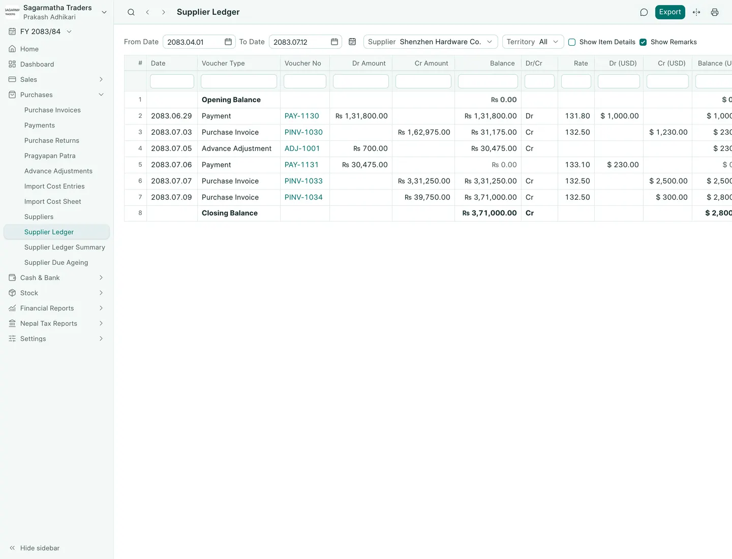 BookPana Supplier Ledger in USD and NPR with fictional records for Sagarmatha Traders, desktop layout