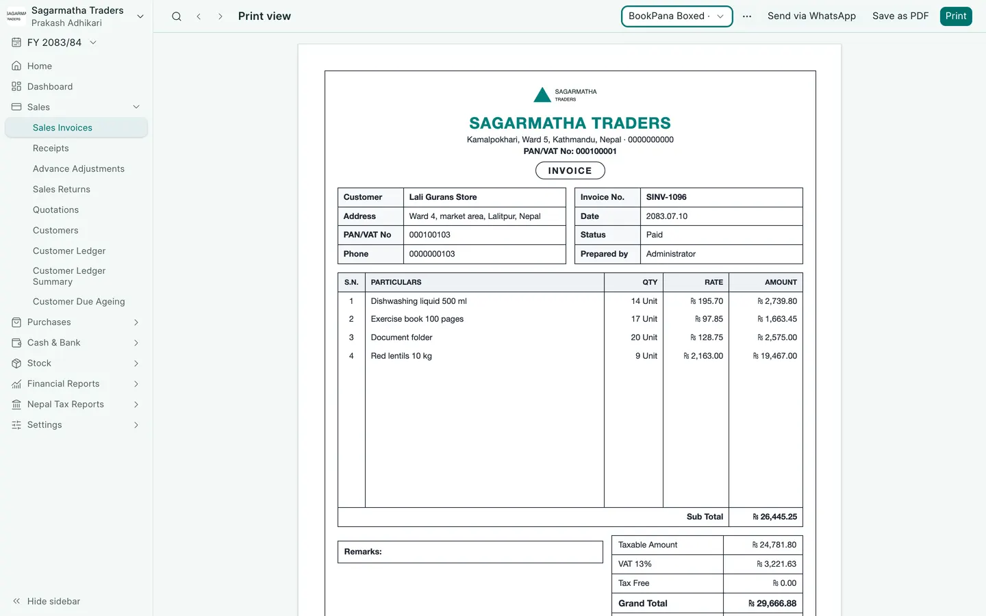 BookPana: boxed invoice with logo, VAT, stamp and signature, desktop layout