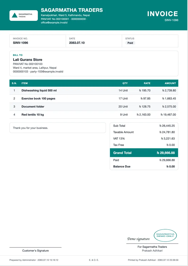 BookPana: classic invoice with logo, VAT, stamp and signature, desktop layout