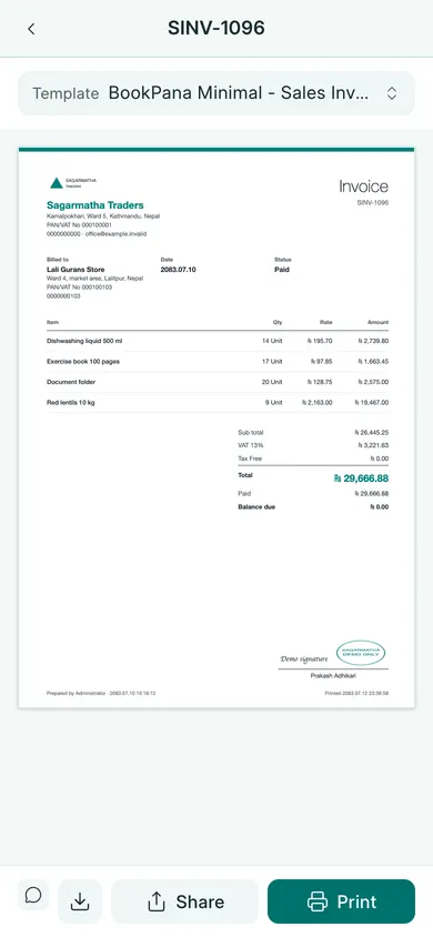 BookPana: minimal invoice with logo, VAT, stamp and signature, phone layout