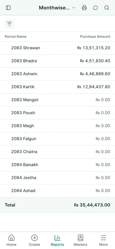 BookPana: purchases and VAT totals by Bikram Sambat month, phone layout