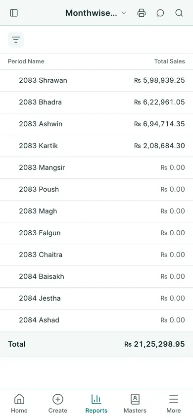 BookPana: sales and VAT totals by Bikram Sambat month, phone layout