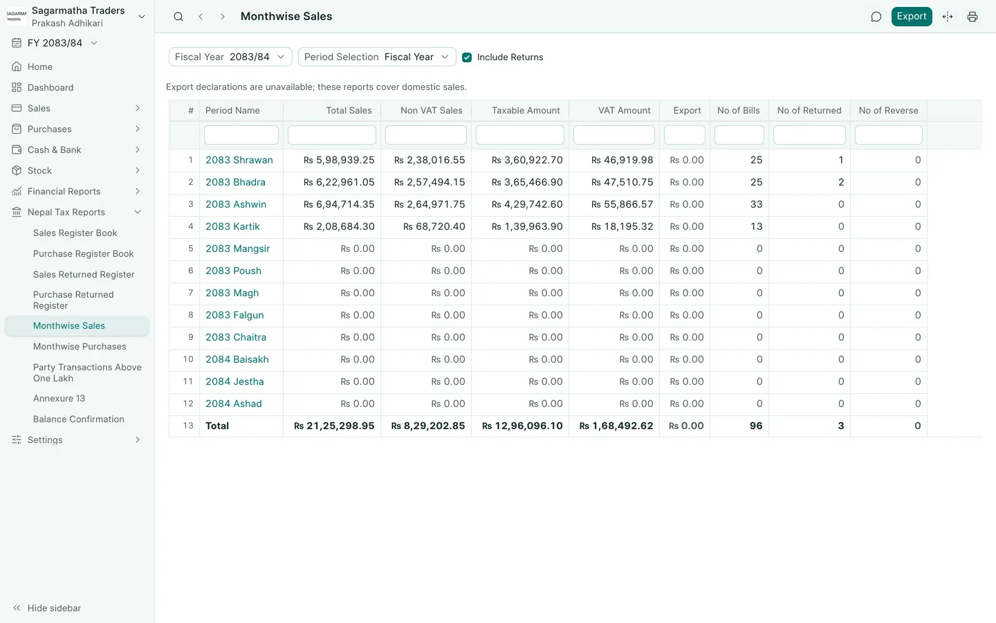BookPana: sales and VAT totals by Bikram Sambat month, desktop layout