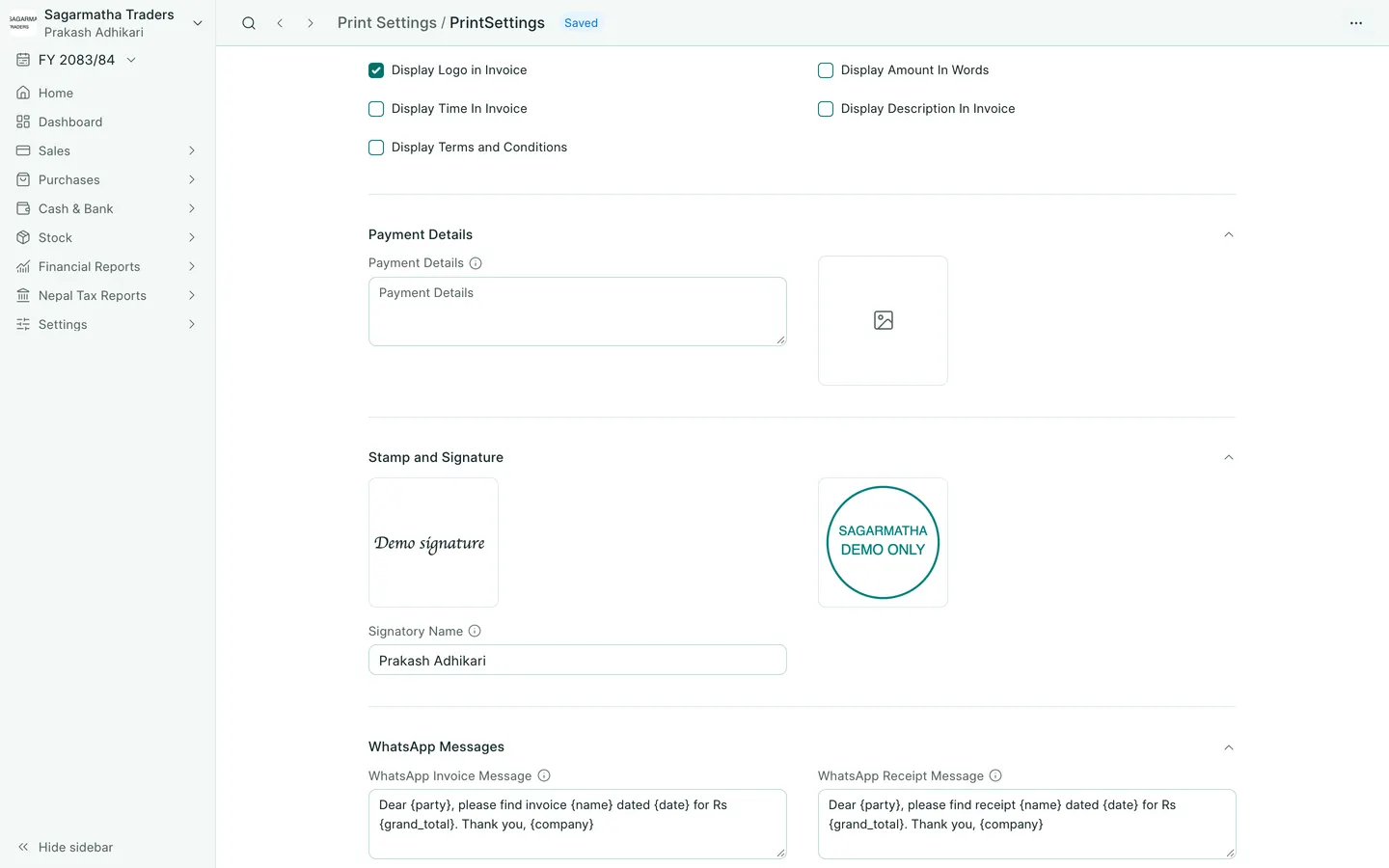 BookPana Print Settings showing the stamp and authorised signature, desktop layout