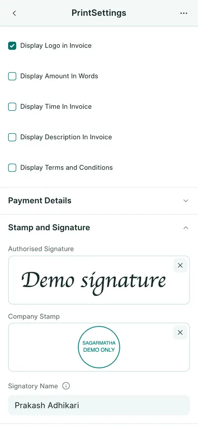 BookPana Print Settings showing the stamp and authorised signature, phone layout