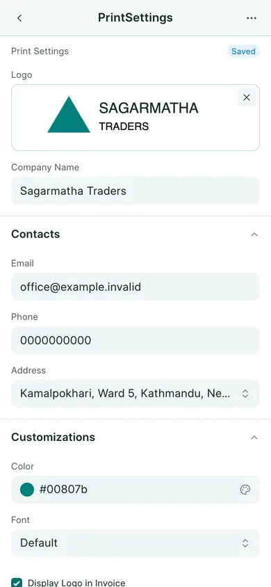 BookPana Print Settings showing the company logo and contact details, phone layout