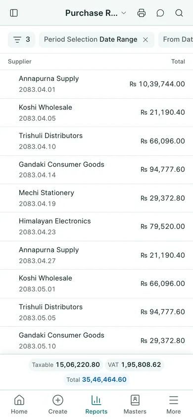 BookPana: purchase register book with suppliers and VAT amounts, phone layout