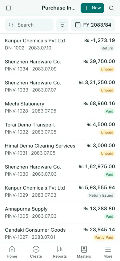 BookPana: supplier purchases with settlement status, phone layout
