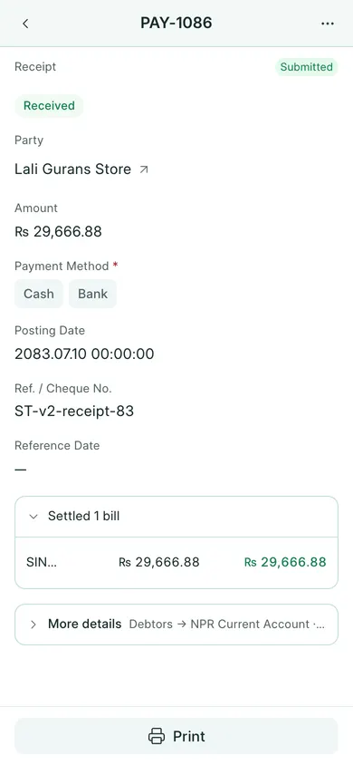 BookPana: receipt allocated to a customer invoice, phone layout