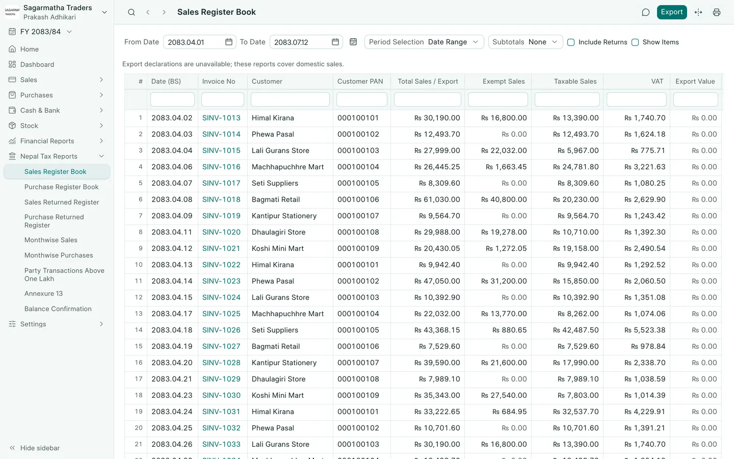 BookPana: sales register book with taxable, exempt and VAT amounts, desktop layout