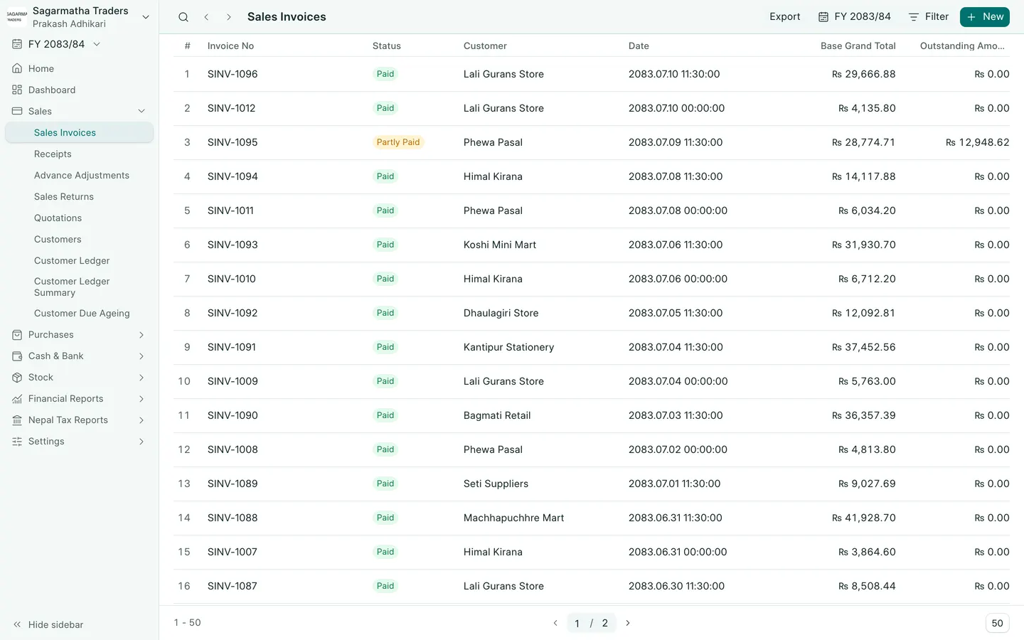 BookPana: sales invoices with paid, partly paid and unpaid balances, desktop layout