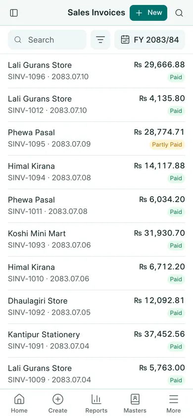 BookPana: sales invoices with paid, partly paid and unpaid balances, phone layout