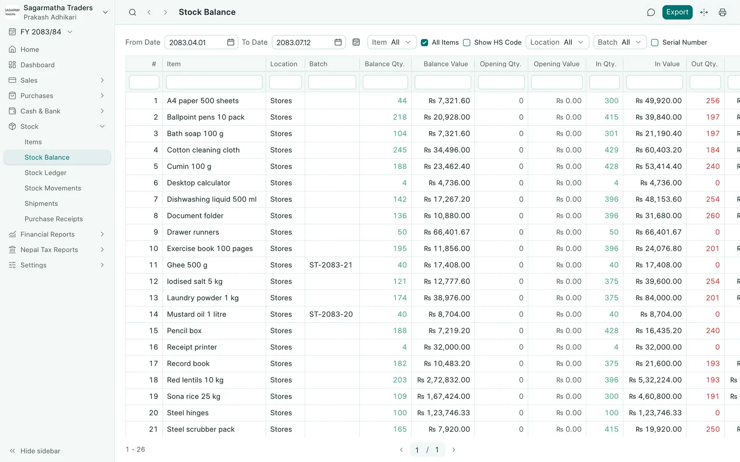 BookPana: quantities on hand and stock values by item, desktop layout