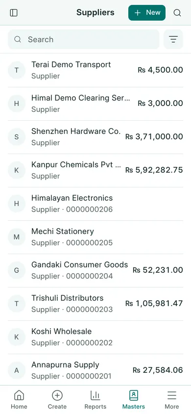 BookPana: supplier names, PANs and outstanding balances, phone layout