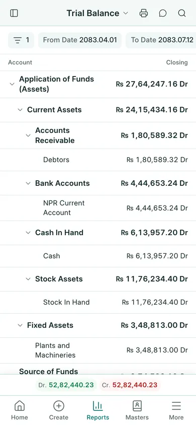 BookPana: account balances with debit and credit totals, phone layout