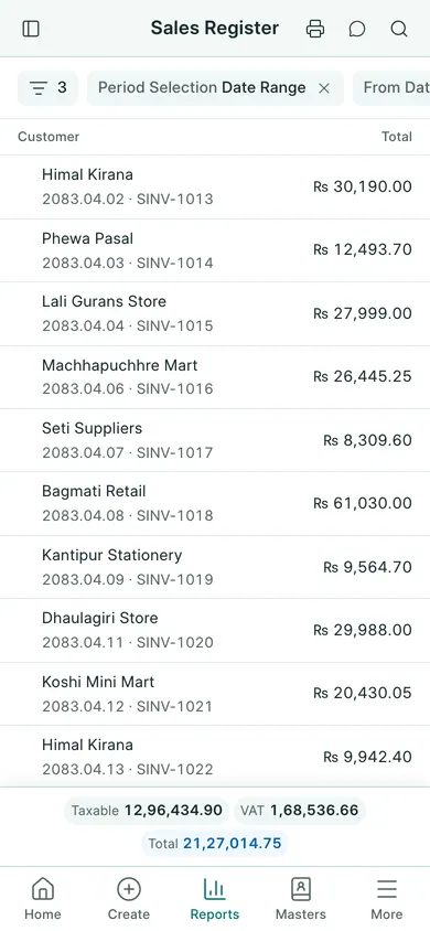 BookPana: taxable, exempt and VAT totals in the sales register, phone layout