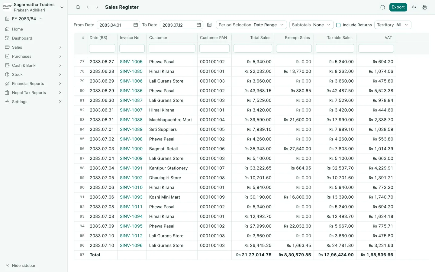 BookPana: taxable, exempt and VAT totals in the sales register, desktop layout